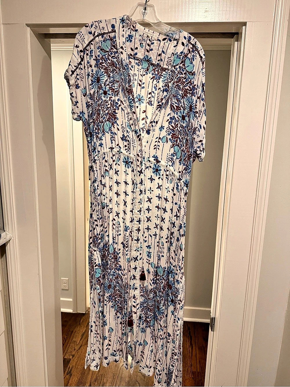 Poupette St Barth Floral Maxi Dress in White & Blue Size Medium